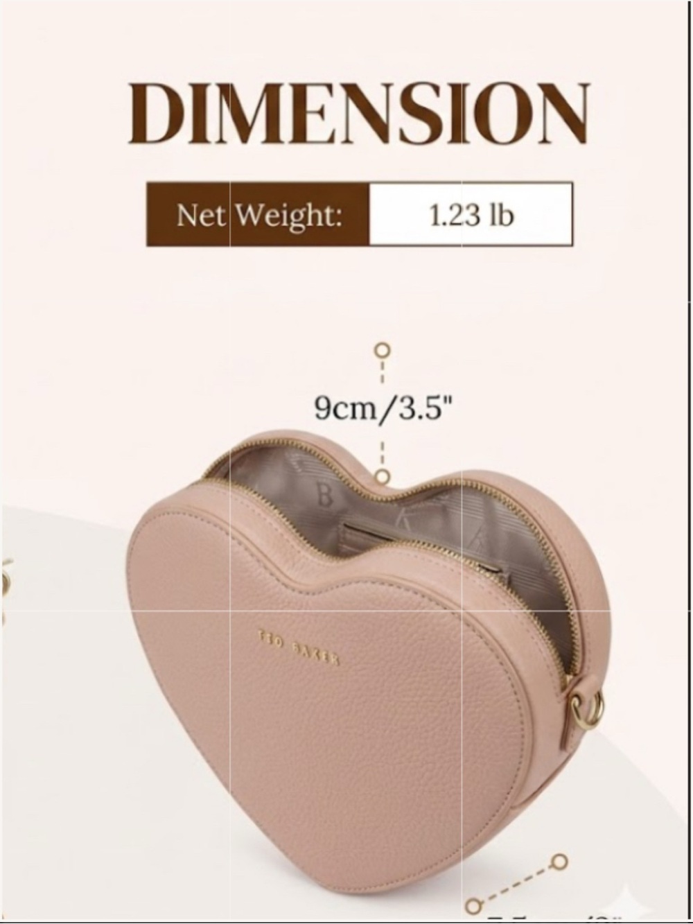 Ted Baker Pale Pink Pebbled Leather Heart-Shaped Crossbody Bag  gold -accents - Picture 11 of 15